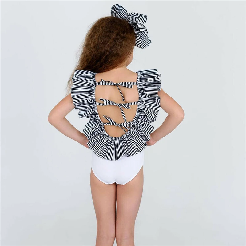 

Toddler Kids Baby Girl Swimsuit Romper Ruffle Lace Up Stripe Swimwear One Piece Monikini Cross Bandage Backless Beachwear