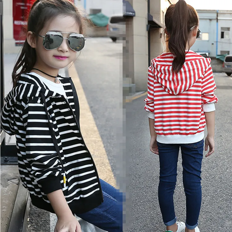 

Girls coat in the autumn of 2016 new Korean girls fashion all-match striped shirt sleeved jacket one generation