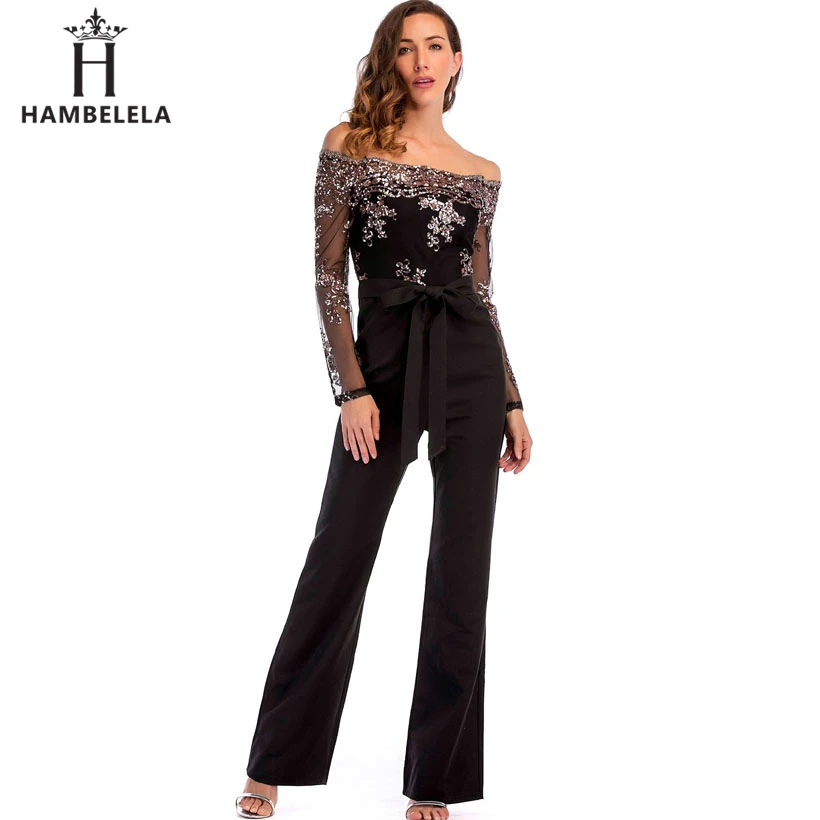 HAMBELELA Plus Size Rompers Womens Jumpsuit 2019 Spring Off Shoulder Black Jumpsuit Pants Long Sleeve One Piece Sequin Jumpsuit (3)