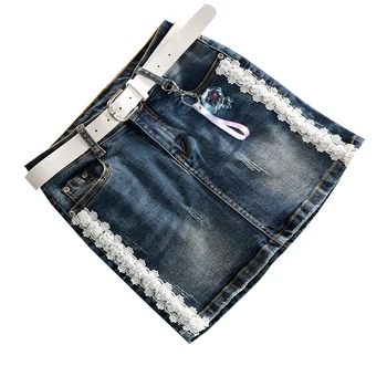 

Package hip denim skirt women fashion spring autumn side lace beading slim a-line jeans skirt