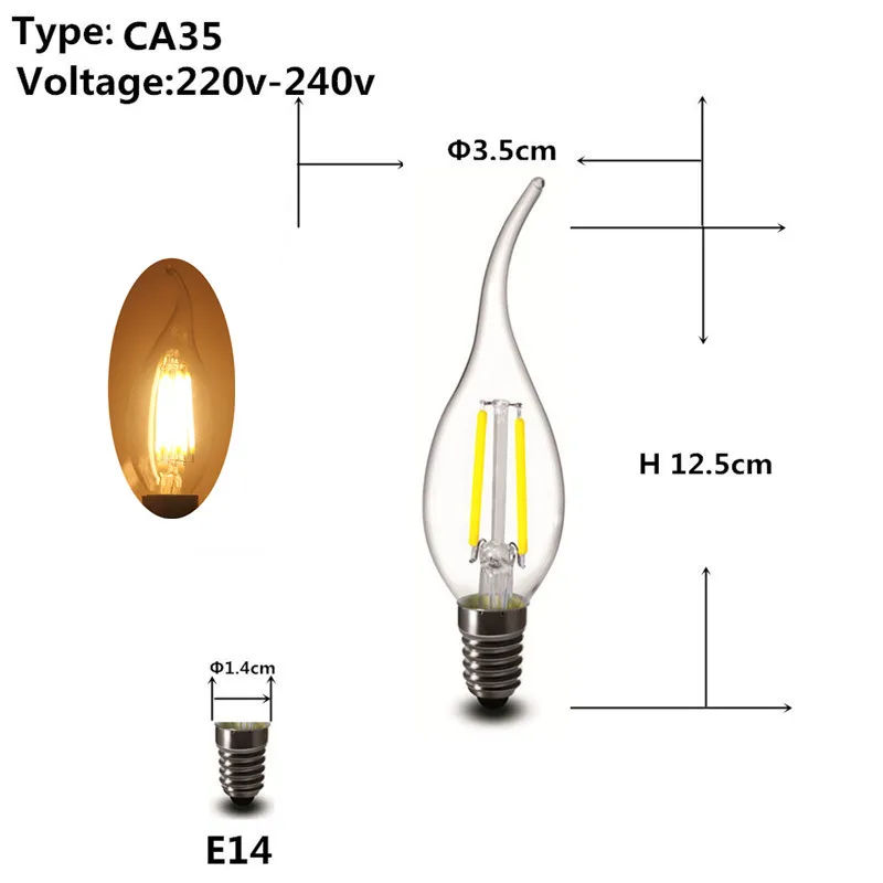 2 Вт 4 Вт 6 Вт 8 Вт COB Светодиодный прожектор E27 E14 220 в 230 В A60 G45 C35 Глобус матовый fliament светодиодный шар лампа светильник лампа - Испускаемый цвет: Clear CA35 E14