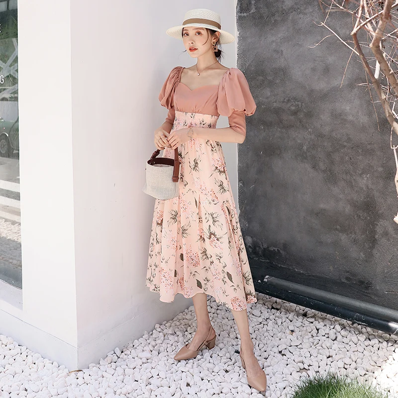 

YIGELILA Women Vintage Princess Dress Sexy Square Neck Puff Sleeve Empire Slim Chiffon Print Long Dress 64952