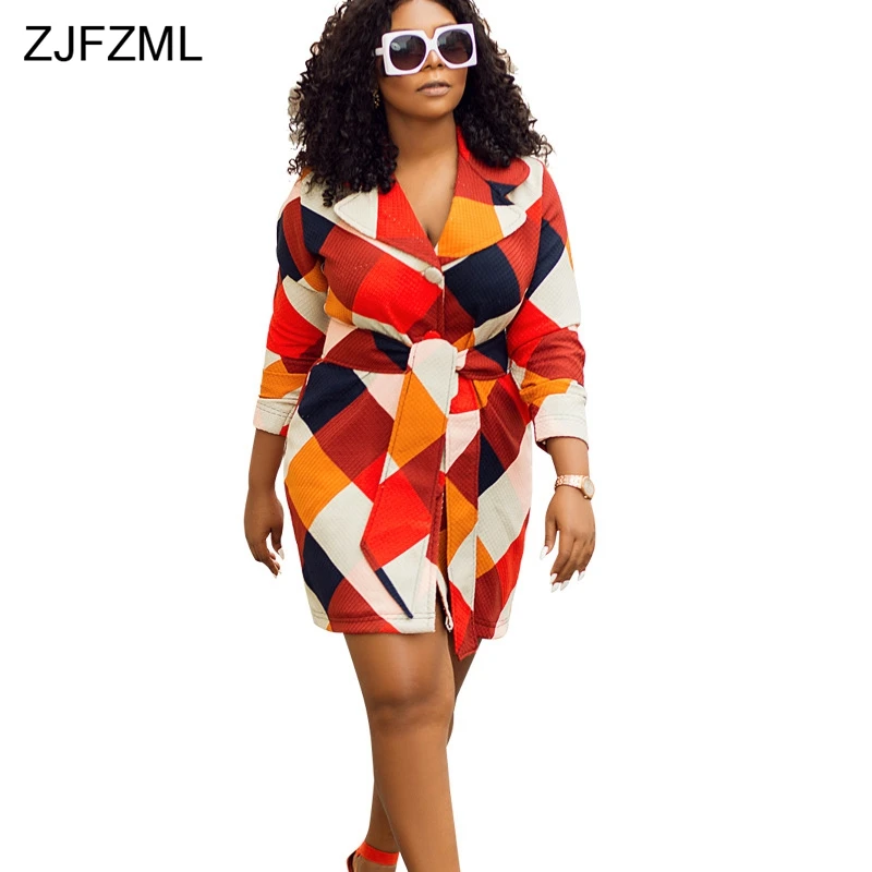

ZJFZML Colorful Plaid Printed Autumn Mini Dresses Women Turn-Down Collar Sashes Slim Fit Party Dress Casual Long Sleeve Vestidos