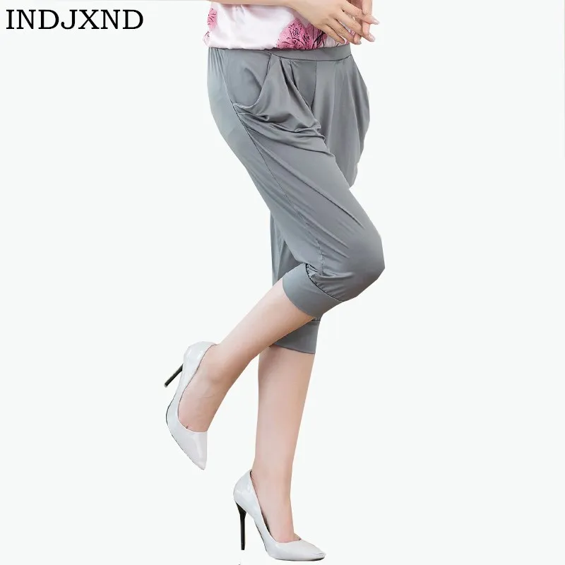 

INDJXND 7 Candy Color Harem Pants Elastic Waist Pocket Pleated Women Loose Casual Summer Capris Pants Fashion Loose Trousers