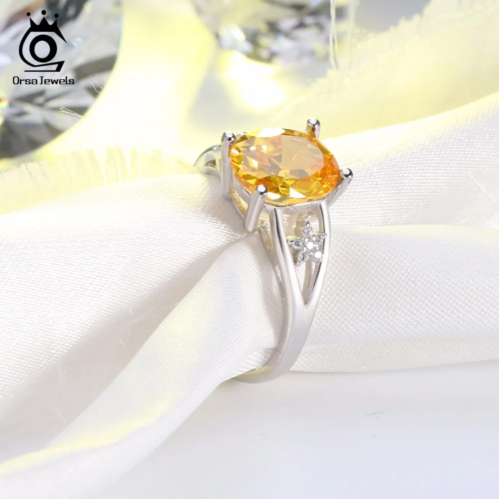 ORSA JEWELS Female Wedding Band Prong Setting AAA Yellow Cubic Zircon Women Rings Engagement Finger Ring Fashion Jewelry AOR56