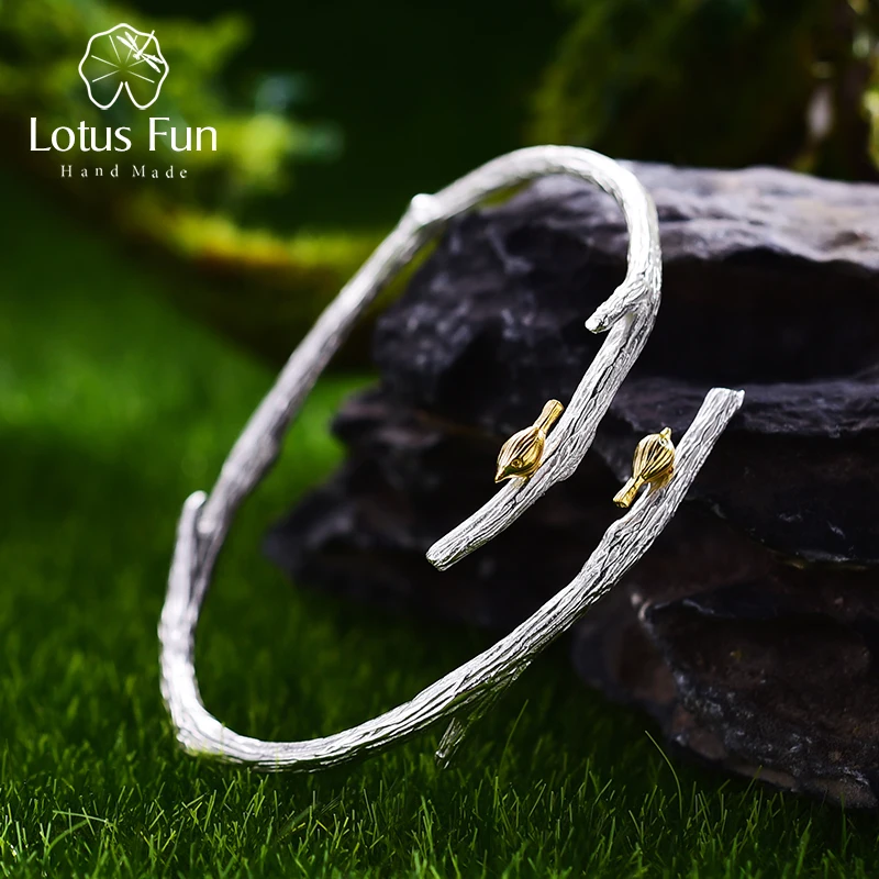 Lotus Fun реальные 925 Серебро Природный оригинальный ручной Fine Jewelry Птица на ветке регулируемый браслет для женщин Bijoux