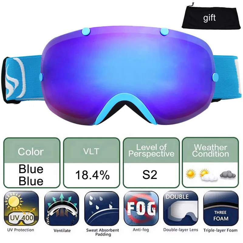 Двойной лыжные очки с линзами Анти-туман Spherica лыжные очки UV400 занятий сноубордом, лыжами на снежную погоду для мотокросса очки для мужчин женщин лыжные очки - Цвет: Blue Blue