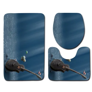 

Bathroom and Toilet Mat Set Guitar Pattern Toilet Cover Decoration 3 Piece Bath Rug Set Non-slip Bath Carpet Bath Mats