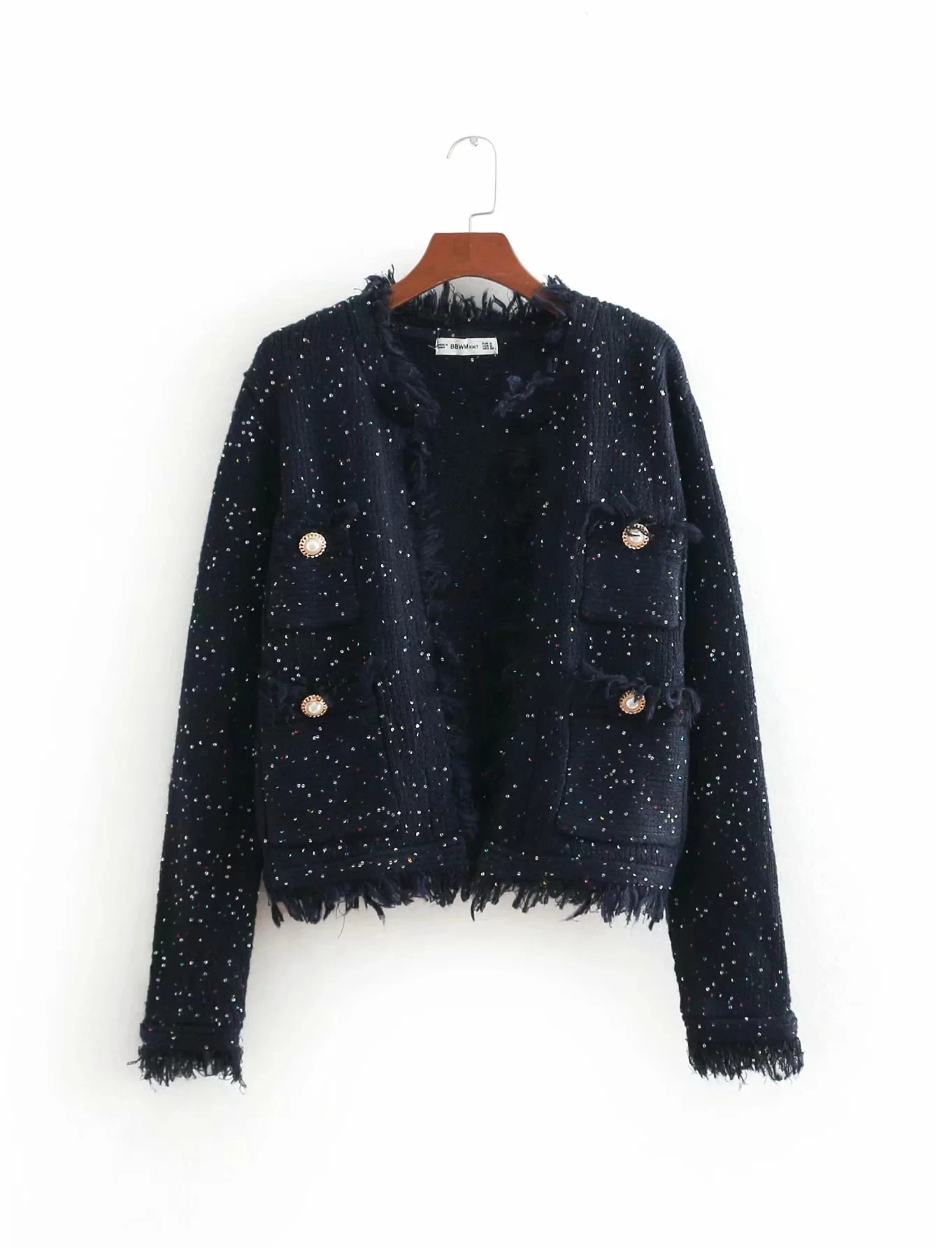 

Fashion Women Chic Tweed Coat Pockets Fringe Tassel Long Sleeve Buttons Sequins Decoration Female Outerwear Top Jaqueta Feminina