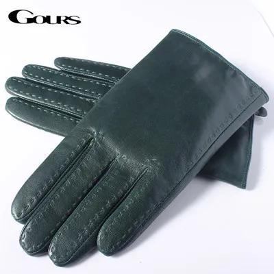 Gours мужские зимние перчатки из натуральной кожи, темно-зеленые перчатки из козьей кожи для вождения, новые модные брендовые теплые варежки GSM045 - Цвет: Dark Green