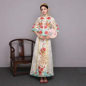 

Vintage Beige Embroidery Phoenix Bride Wedding Dress Suit Traditional Rhinestone Hanfu Clothing Classic Slim Cheongsam Set S-XL