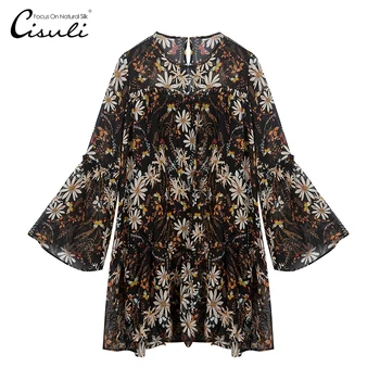 

CISULI 100% Silk Chiffon Dress Pure Silk Fabric Women Summer Dresses New Desigual Breathable Anti-Allergy With Belt