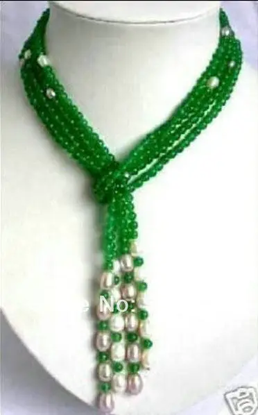 

Free Shipping Wholesale6mm Green jade + White Pearl scarf form necklace 50