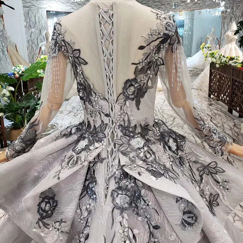 HTL319B Grey evening dresses long for women o-neck long sleeves lace up muslim formal prom dress with train promotion discount