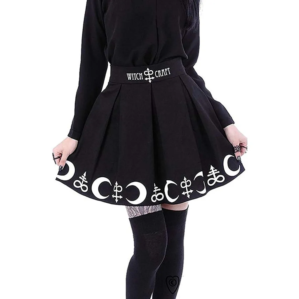 Страусиная популярная женская плиссированная мини-юбка в готическом стиле, в стиле панк, в стиле колдовства, Луны, волшебных символов, женские юбки, Новое поступление