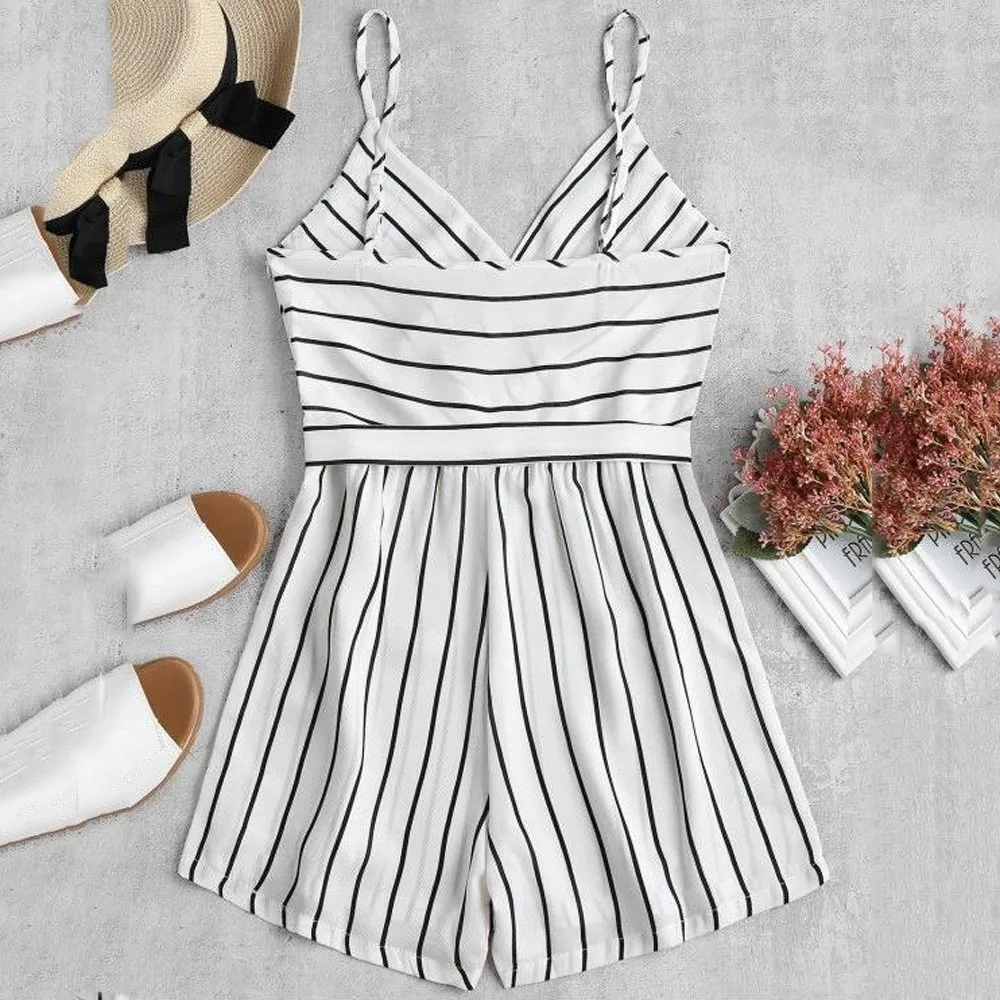 Womens Sleeveless Strappy Short Playsuits Striped Cami Belt Romper Jumpsuit women bodysuits sexy jumpsuit women rompers