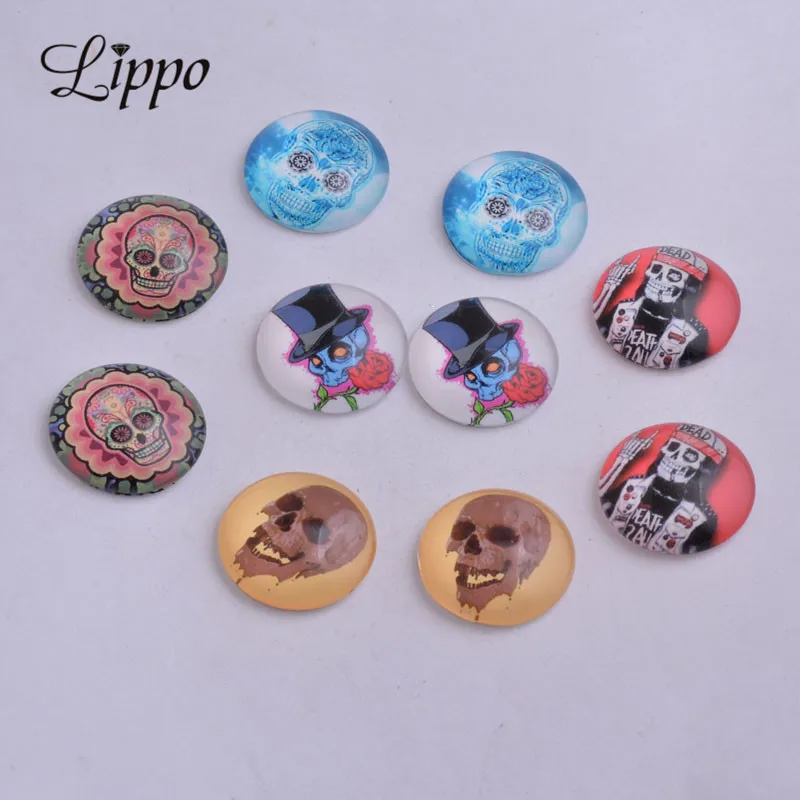 

30pcs Mixed Awful Skull Round Glass Cabochons 14mm 18mm 20mm DIY jwelry findings