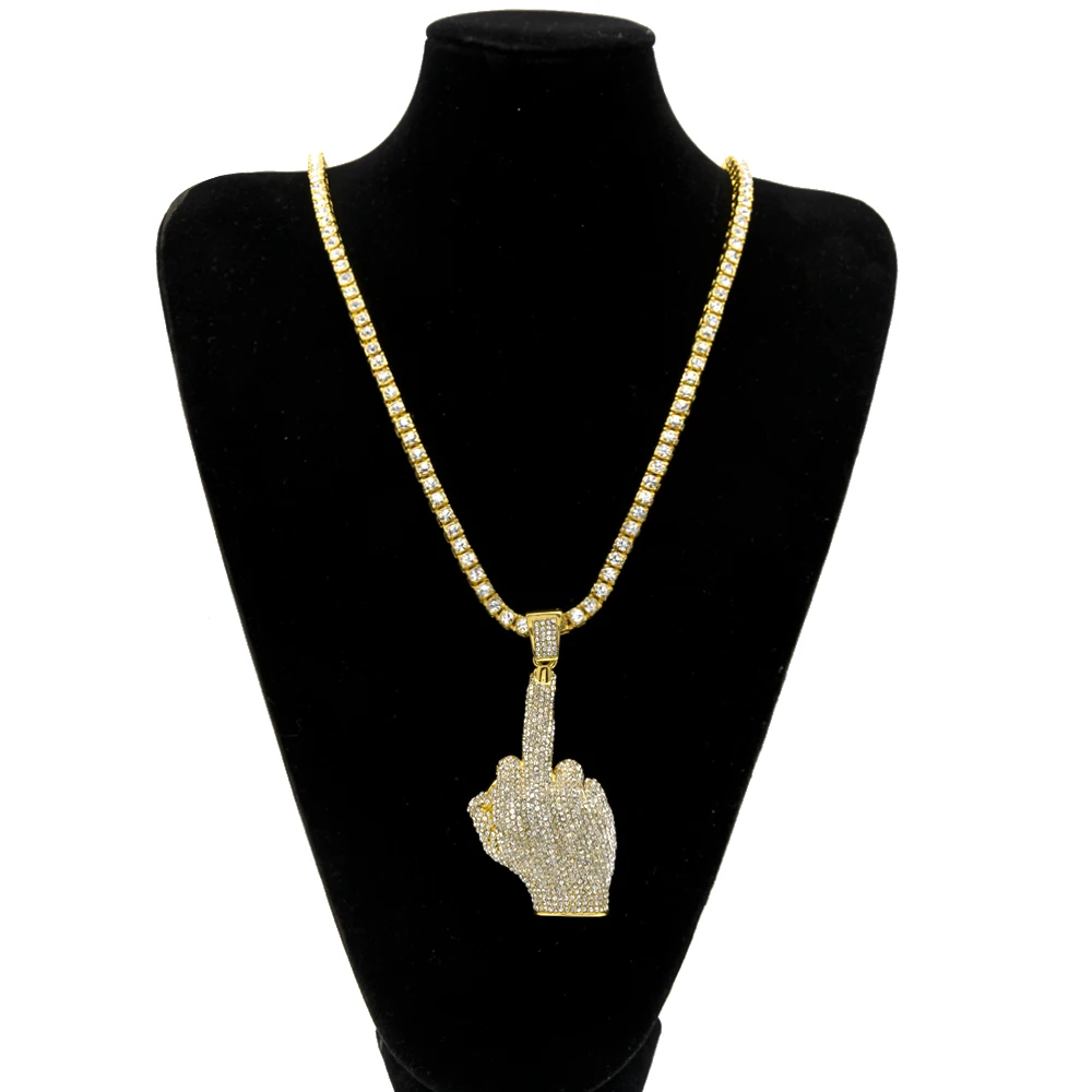 Хип-хоп мужские золотые стразы, подвески с большими средними пальцами, ожерелья с 6 мм, 30 дюймов, цепочка на веревке, ювелирные изделия