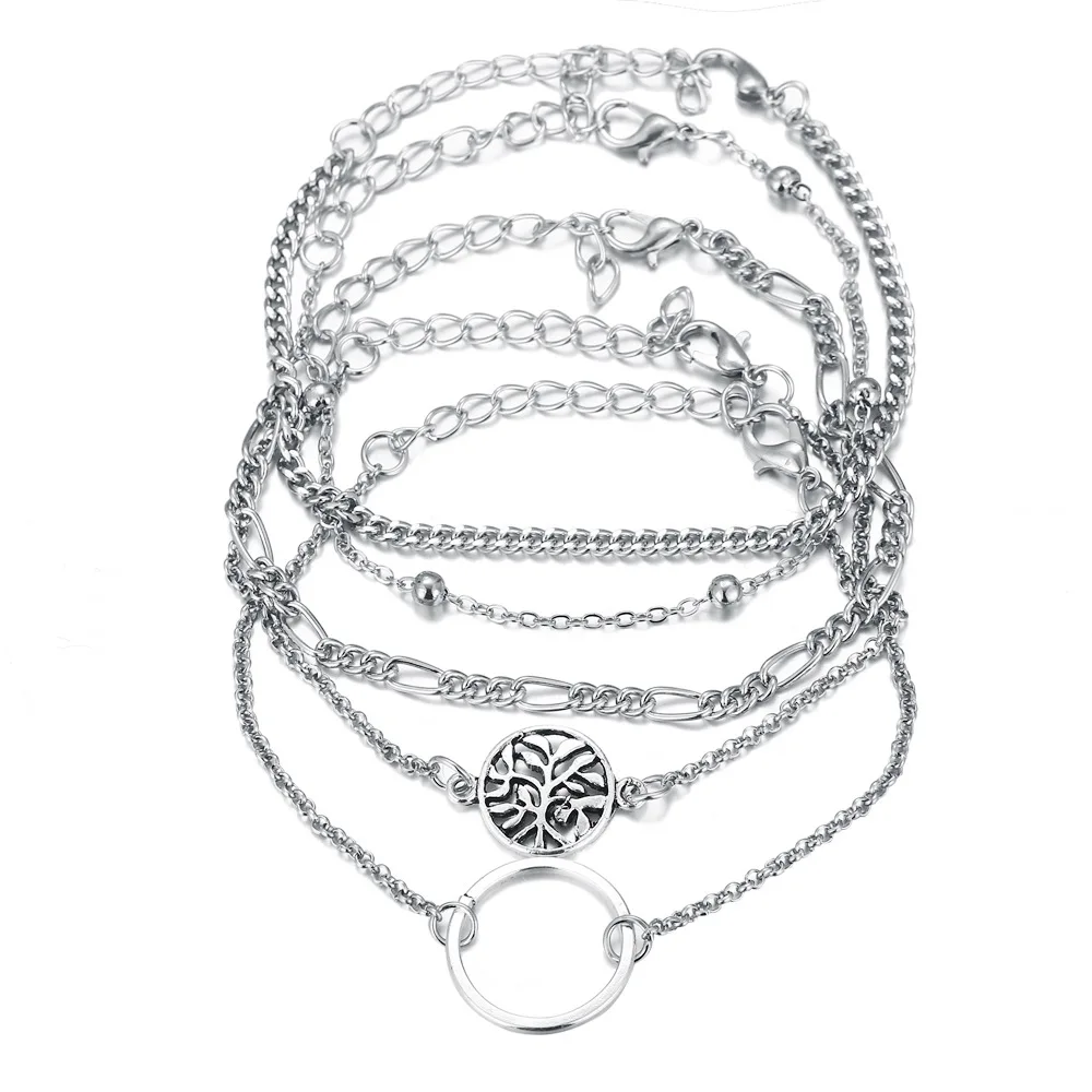 

Hollow circle bead chain bracelet five-piece suit rope bracelet chain adjustable open girl bracelet layer ankle bracelet set