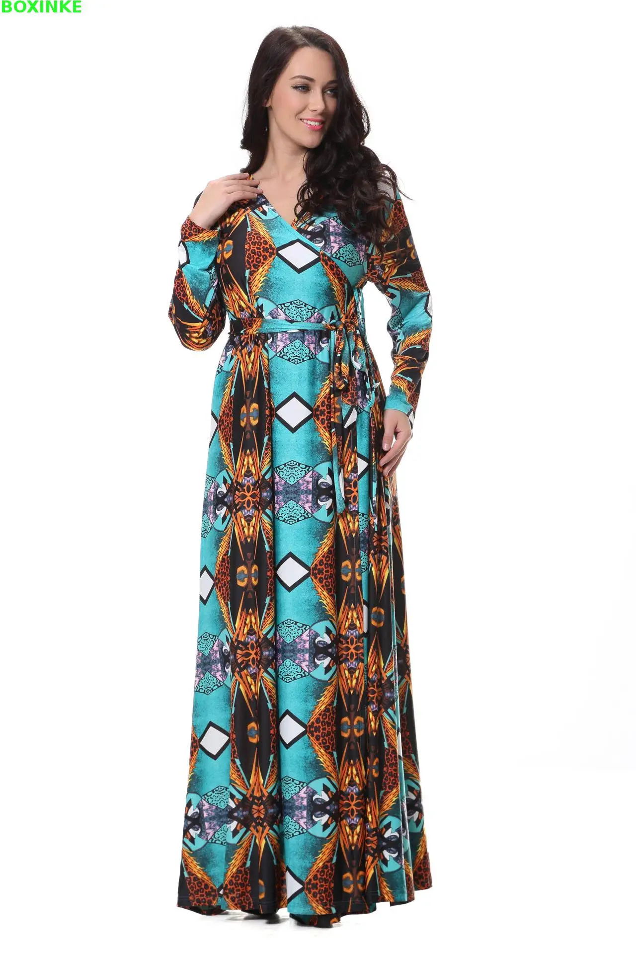 Vestidos Mujer Limited Print Full Women Dress And Autumn New Women's Deep V Neck Long Sleeve Fat Mm Split Large Irregular Code