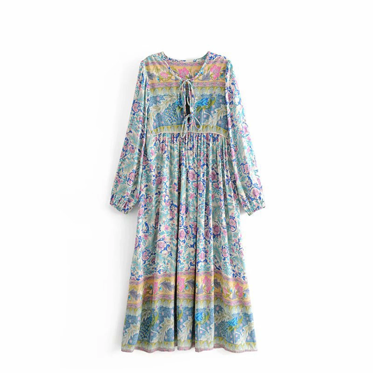 Цыганское Платье хиппи с цветочным принтом, осень, бохо, женское сексуальное платье с кисточками, v-образным вырезом, длинным рукавом, богемное платье миди - Цвет: 8267