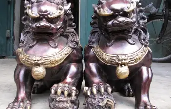 

Big Chinese Red Bronze Copper Evil talisman Fu Foo Dogs Door Lion Pair Statue
