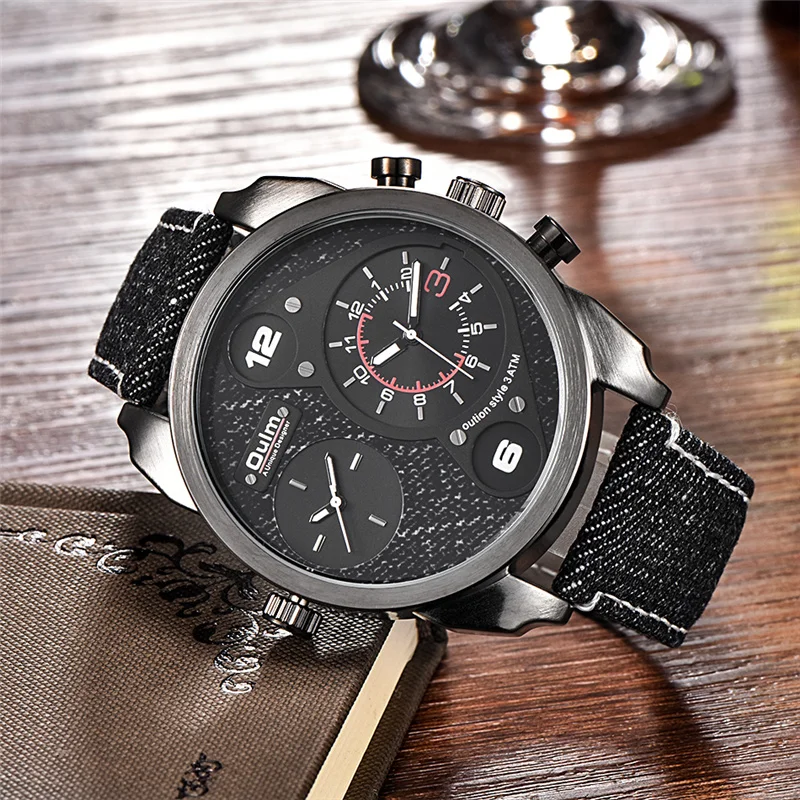 Oulm Canvas Strap Casual Watches Men Luxury Brand Fashion Two Time Zone