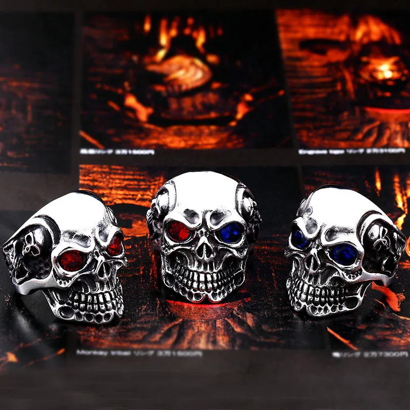 BEIER Dropshipping punk cool Fashion Stainless Steel Rings For Man Big Tripple Skull Product Punk Biker Jewelry Gift BR8-068