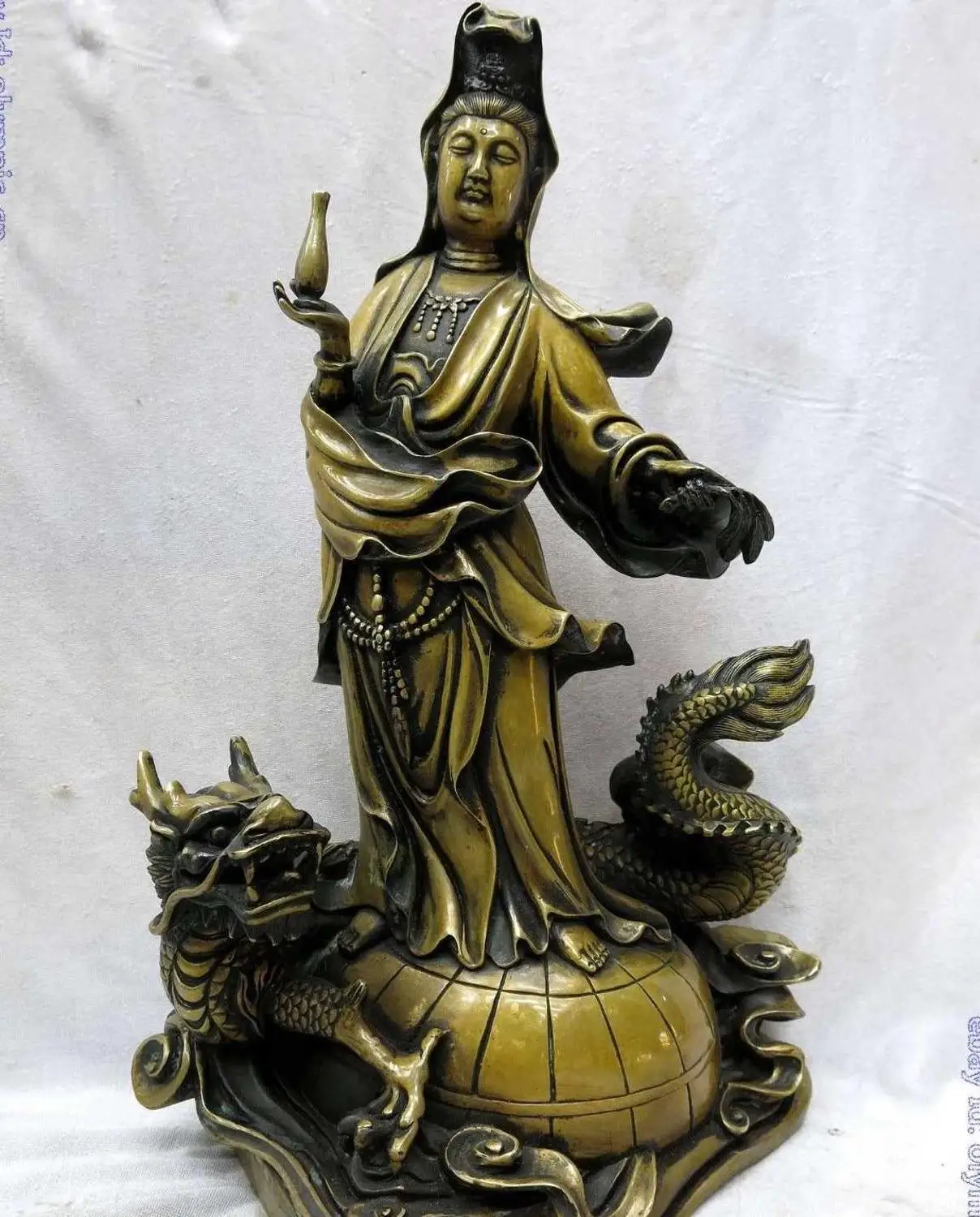 

16" China brass copper Buddhism dragon Kwan-yin Guanyin buddha Sculpture Statue