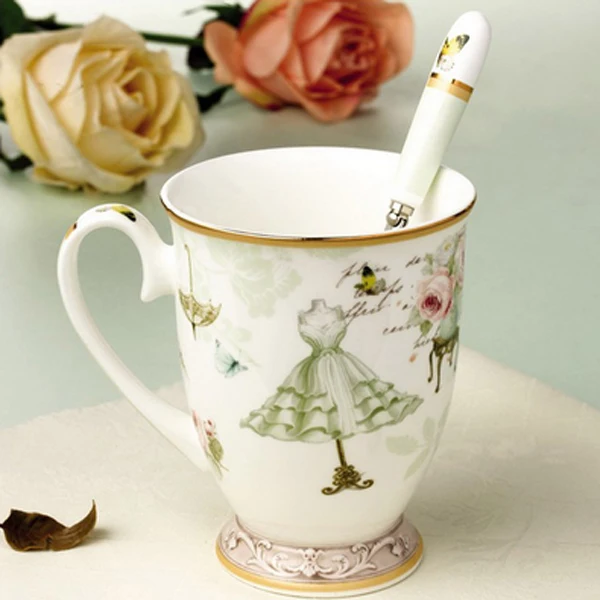 

Ceramic cup Fashion Elegant Pattern Design Coffee cups Milk Breakfast Cup For Girls Cute Gift Porcelain Tea Cups With Spoon