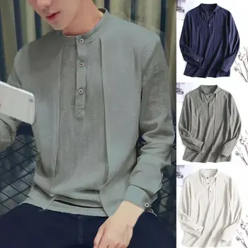 

New Fashion Men's Solid Slim Fit Casual Shirt Button Stand Collar Long Sleeve Cotton Formal Shirt Comfort Tops