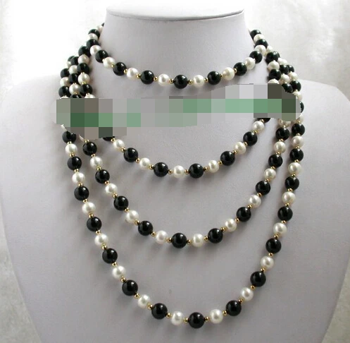 

N2636 stunning long 80" 8mm round white pearls black agate necklace 28% Discount (A0325)