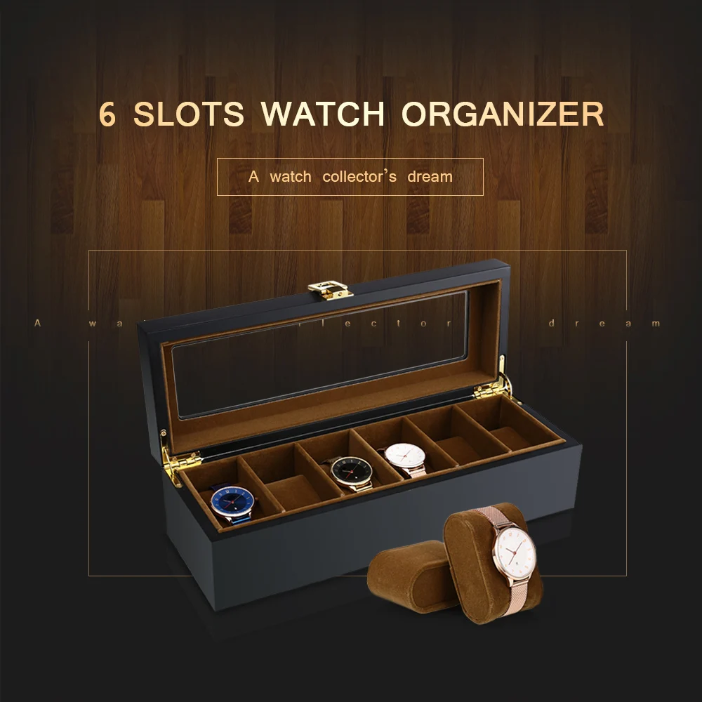 6 Slots Watch Organizer Display Case Wood Luxury Glass Top Wristwatch Box for Men Women