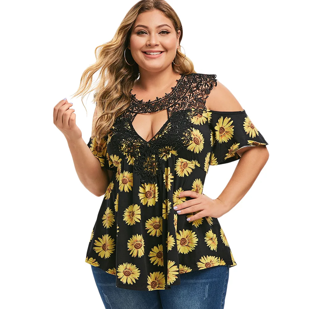 

New Plus Size Keyhole Neck Cold Shoulder T-Shirt Sunflower Floral Print Summer Casual Lace Top Female T Shirt Women T-Shirts 5XL