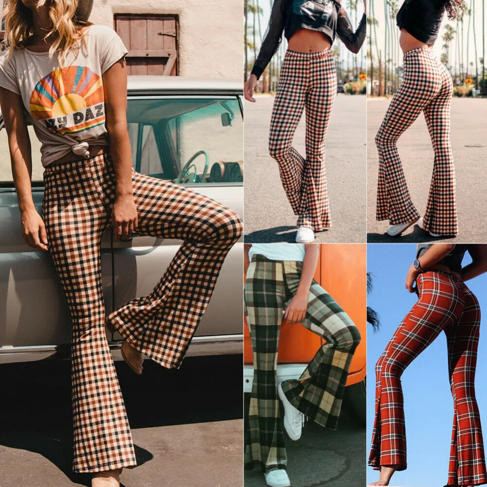 Vintage Plaid Women Girls High Waist Bell Bottom Long Flare Pants Stretch Boho Hippie Bell-Bottom Pants Vintage Plaid Women Girls High Waist Bell Bottom Long Flare Pants Stretch Boho Hippie Bell-Bottom Pants