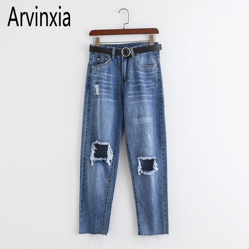 

Arvinxia Fashion Streetwear Solid Hole Women Jeans Casual Ripped Straight Denim Pants Vintage High Waist Boyfriend Jean Trousers