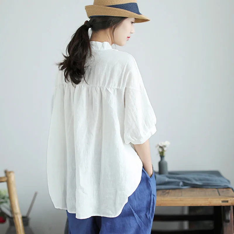 Johnature Stand Collar Solid Color Tops 2018 Summer New Single-breasted Short Sleeve 4 Colors Casual Cotton Linen Women Shirts Johnature Stand Collar Solid Color Tops 2018 Summer New Single-breasted Short Sleeve 4 Colors Casual Cotton Linen Women Shirts