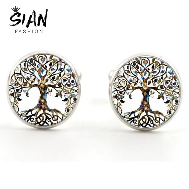

SIAN Classic Retro Tree of Life Cufflinks for Mens Silver Plated Art Photo Glass Cabochon Shirt Cuff Links Sleeve Button Gemelos