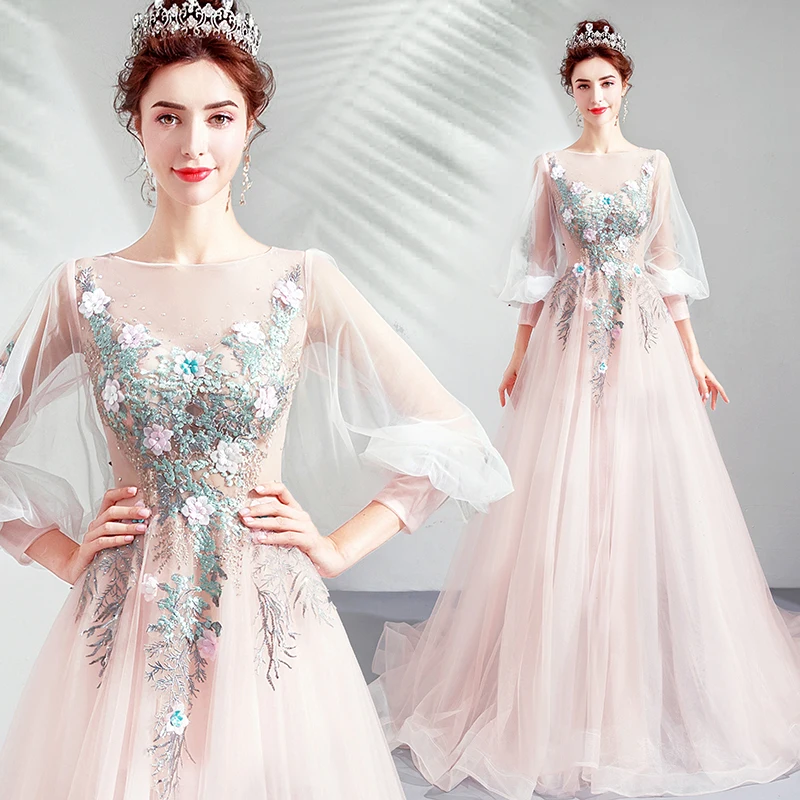 

Modest Long Prom Dresses 2019 Spring Summer Pink Tulle Embroidery Formal Dress Sleeves Women Occasion Party Gown Robe De Soiree