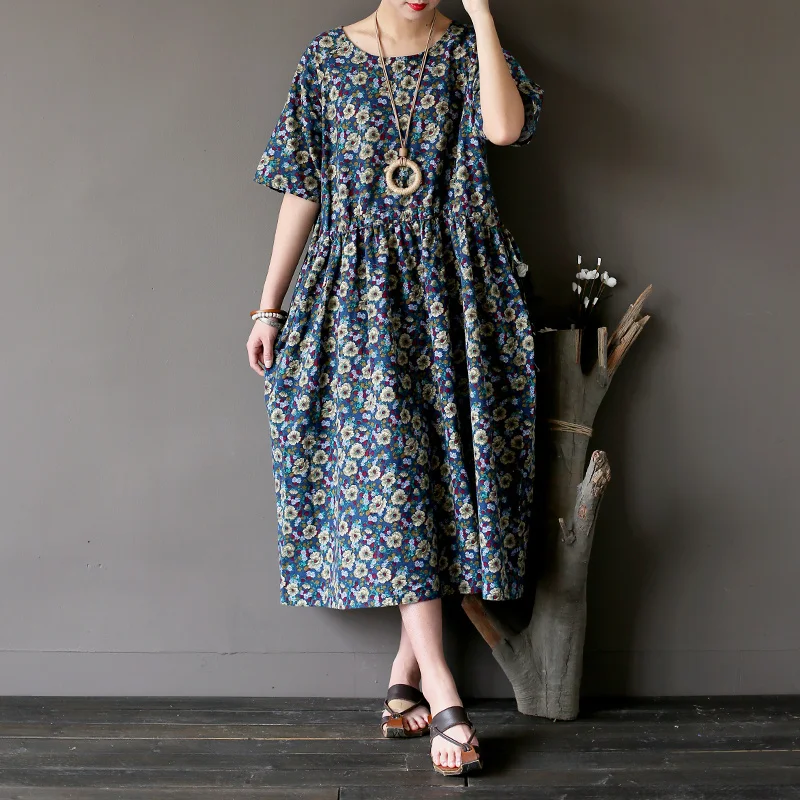 Johnature женщин новое летнее винтажное платье из хлопка и льна тонкое дышащее удобное платье с цветочным принтом и круглым вырезом