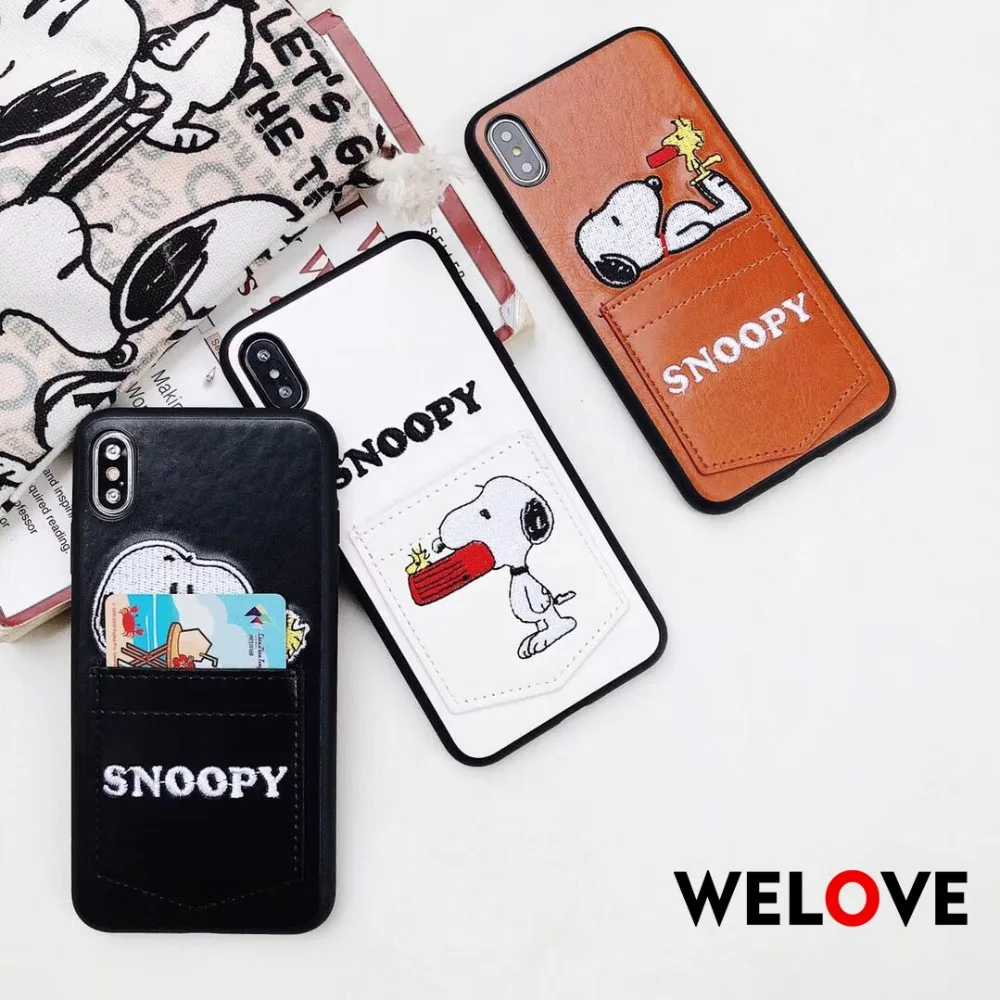 

New Luxury leather card package Snoopys phone case for iPhone XR XS Max 6 6S 7 8plus cover Cartoon embroidery wallet back shell