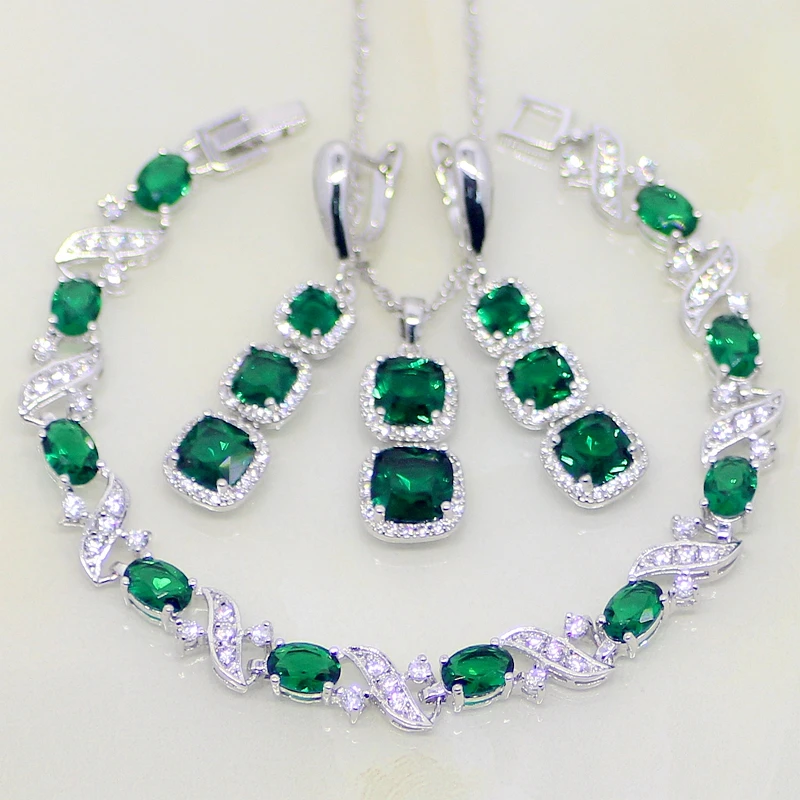

925 Sterling Silver Jewelry Square Green Created Emerald White CZ Jewelry Sets For Women Earrings/Pendant/Necklace/Bracelet T055