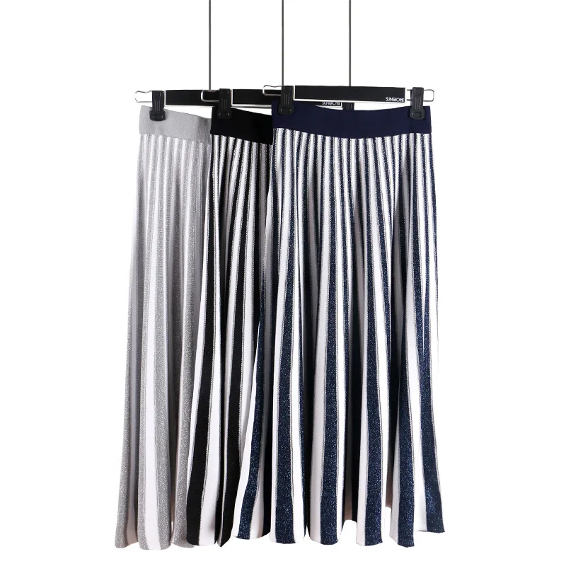 Женская винтажная трикотажная юбка с эластичной талией в полоску миди юбка осень весна 2018 женские модные плиссированные повседневные юбки