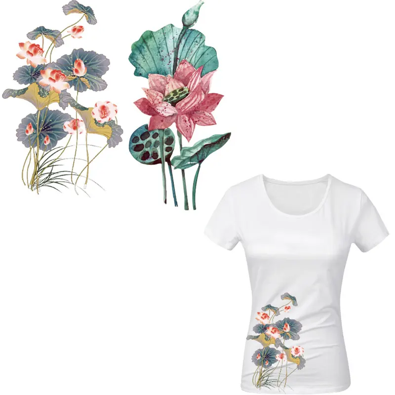 

ink painting flowers ironing stickers lotus iron on patches for clothing girls patch heat transfer for t-shirt dress diy patch