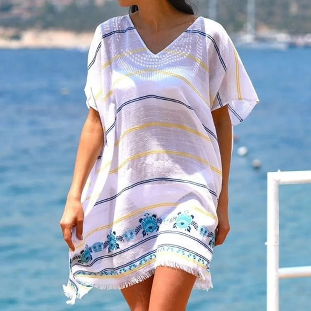 

Womail Women White Swimsuit Cover Up Swimwear Summer Beach Wear Beach Dress V-Neck Lace Pullover Loose Beachwear W30424