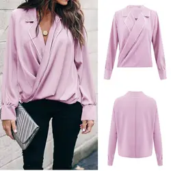Сексуальная Блузка с v-образным вырезом рубашка Женская мода осень длинный рукав сплошной розовый Свободный пуловер, блузка, Топ WDC2133