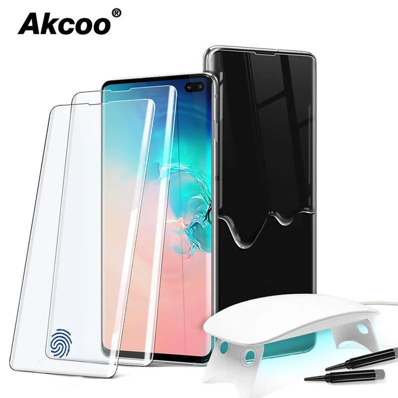 Akcoo S10 tempered glass screen protector with BIG UV Lamp for Samsung Galaxy S8 9 10 Plus UV Glass for Note 8 9 10 Plus glass