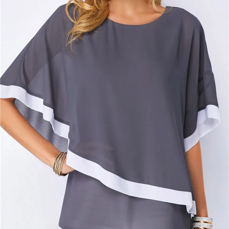 Fashion Large Size Chiffon Patchwork Irregular Blouse Casual Batwing O Neck 2019 Summer Women Shirts Plus Size Clothing