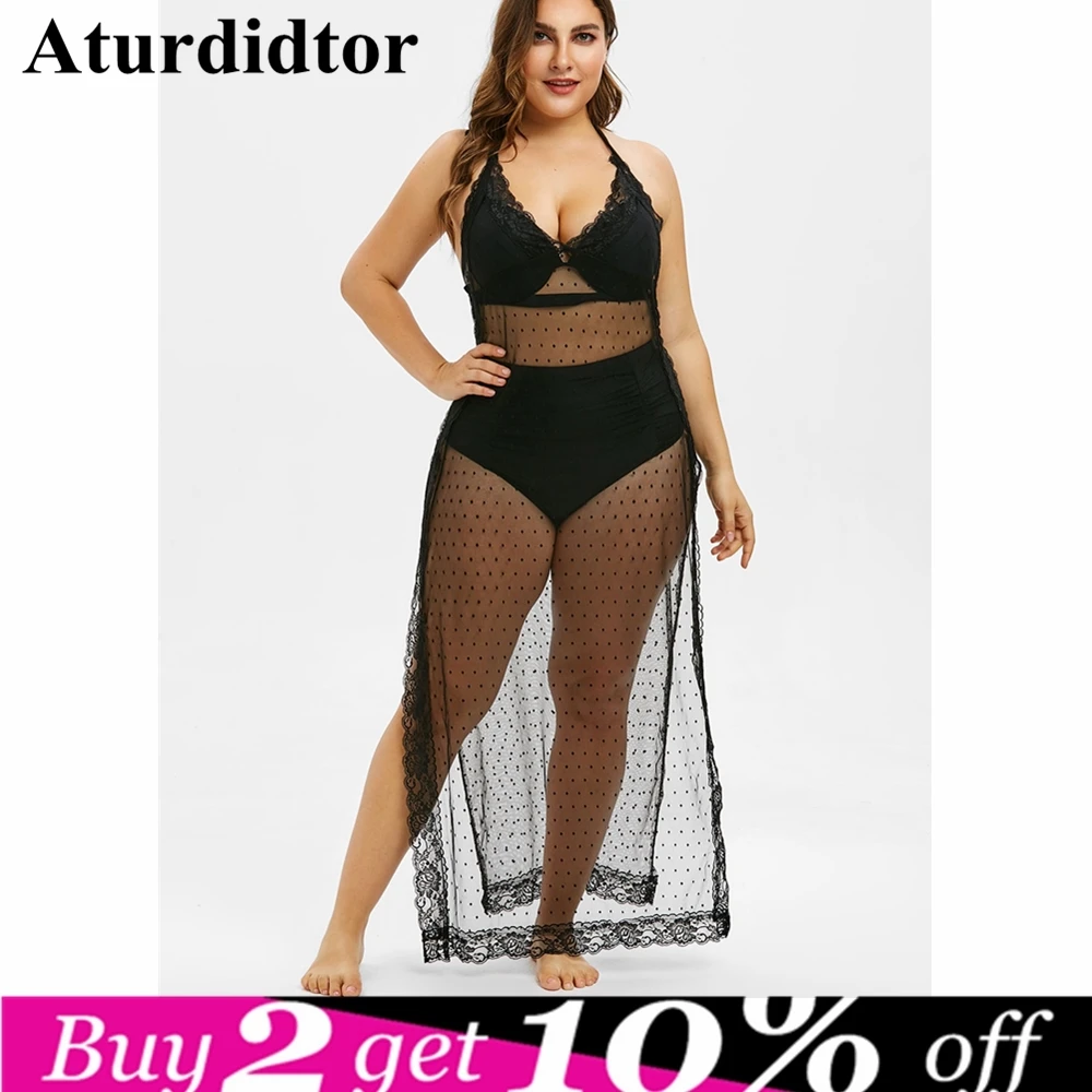 

Women Sexy Long Dress Shoulder Halter High Slit Sheer Lace Mesh Black Cover Up Black See Through Dress Plus Size Party Vestidos