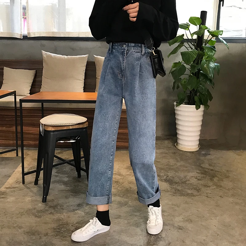 2019 Весенняя Новинка студент дикий шик Ветер высокая талия широкие прямые брюки джинсы для женщин для сделать старый полированный в частич